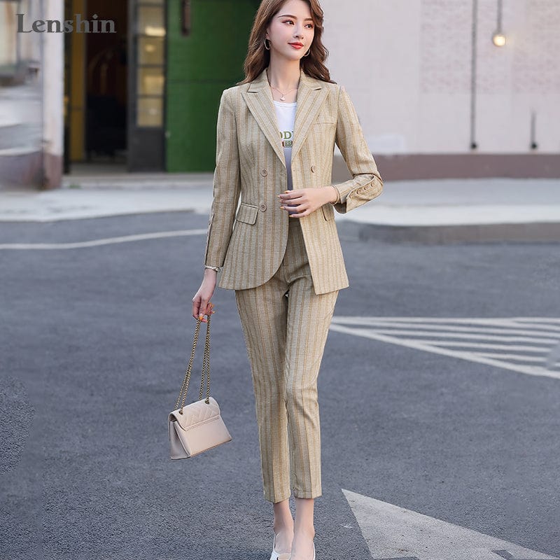 High-quality 2 Piece Set Striped Formal Pant Suit Blazer Office Lady Designs Women Soft Jacket and Ankle-Length Pant