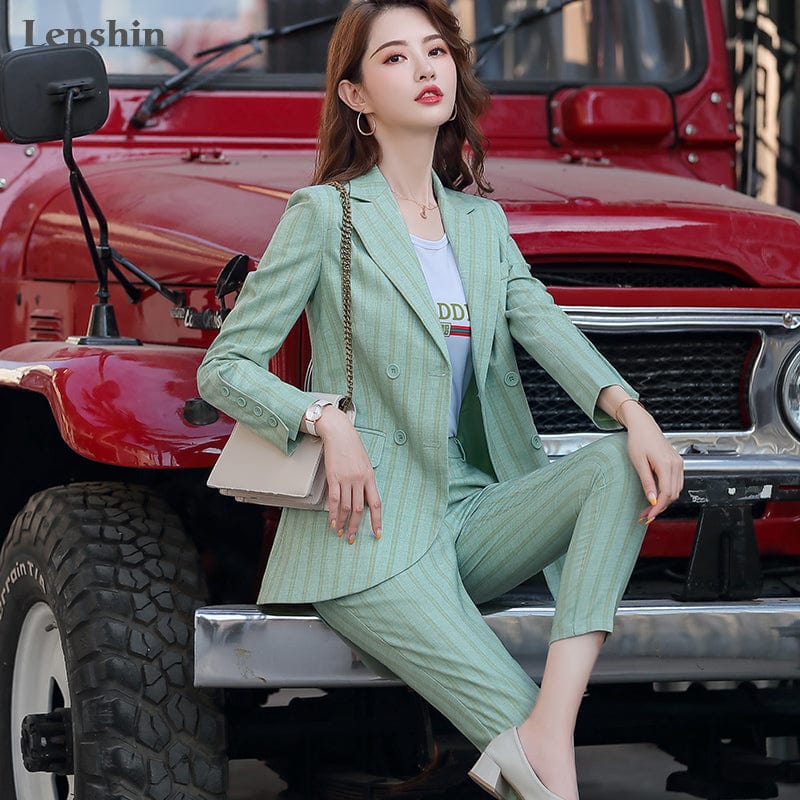 High-quality 2 Piece Set Striped Formal Pant Suit Blazer Office Lady Designs Women Soft Jacket and Ankle-Length Pant