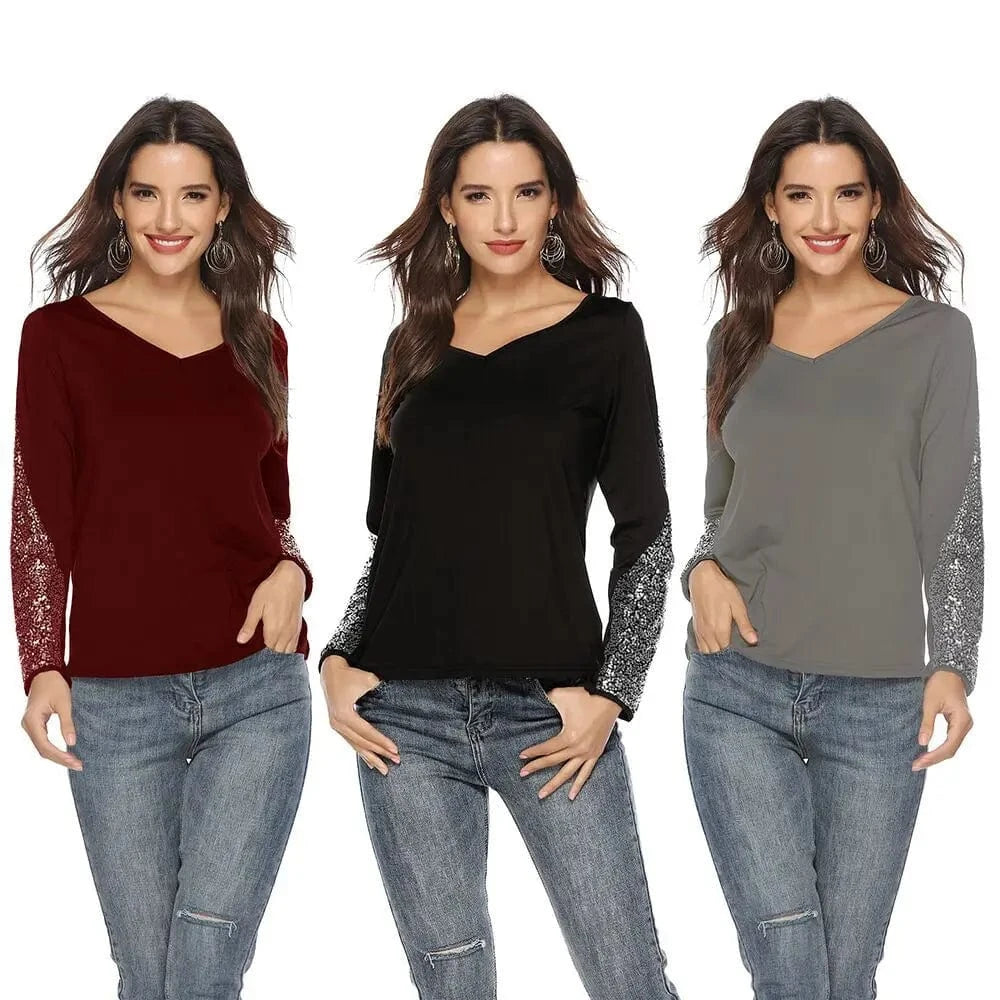 High Quality Autumn and Winter Casual Tops Fashion Sequin Stitching Long-sleeved Shirt V-neck T-shirt Women