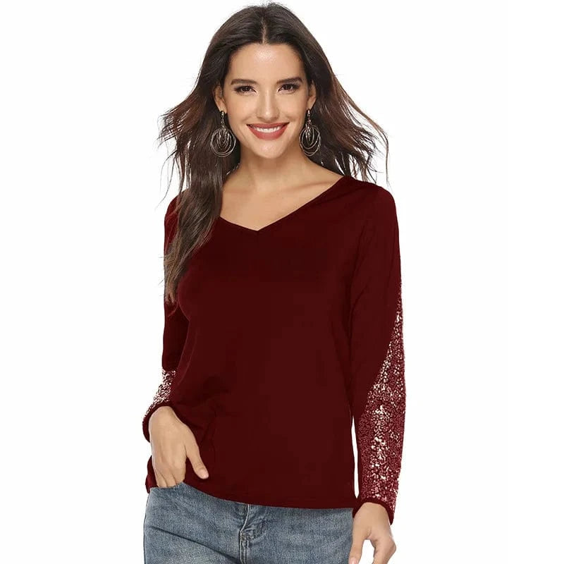 High Quality Autumn and Winter Casual Tops Fashion Sequin Stitching Long-sleeved Shirt V-neck T-shirt Women
