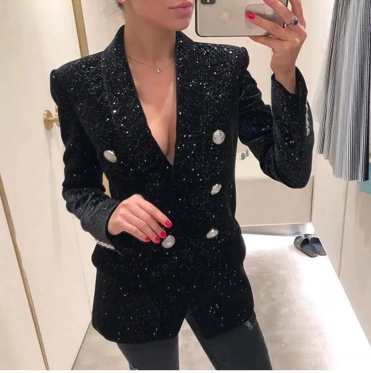 High Quality Black Fashionable Ladies sequined Business Two Pieces Suit Set Casual Blazer