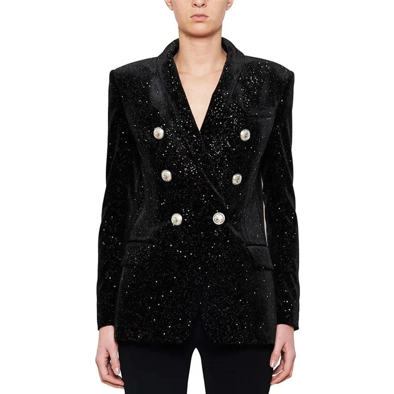 High Quality Black Fashionable Ladies sequined Business Two Pieces Suit Set Casual Blazer