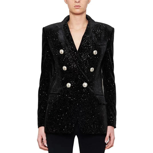 High Quality Black Fashionable Ladies sequined Business Two Pieces Suit Set Casual Blazer