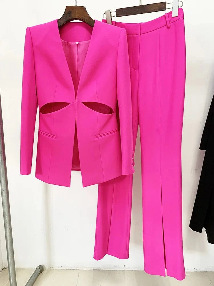 High Quality Black Suit Women's Hollow Out Two Piece Set Blazer Long Pants Set