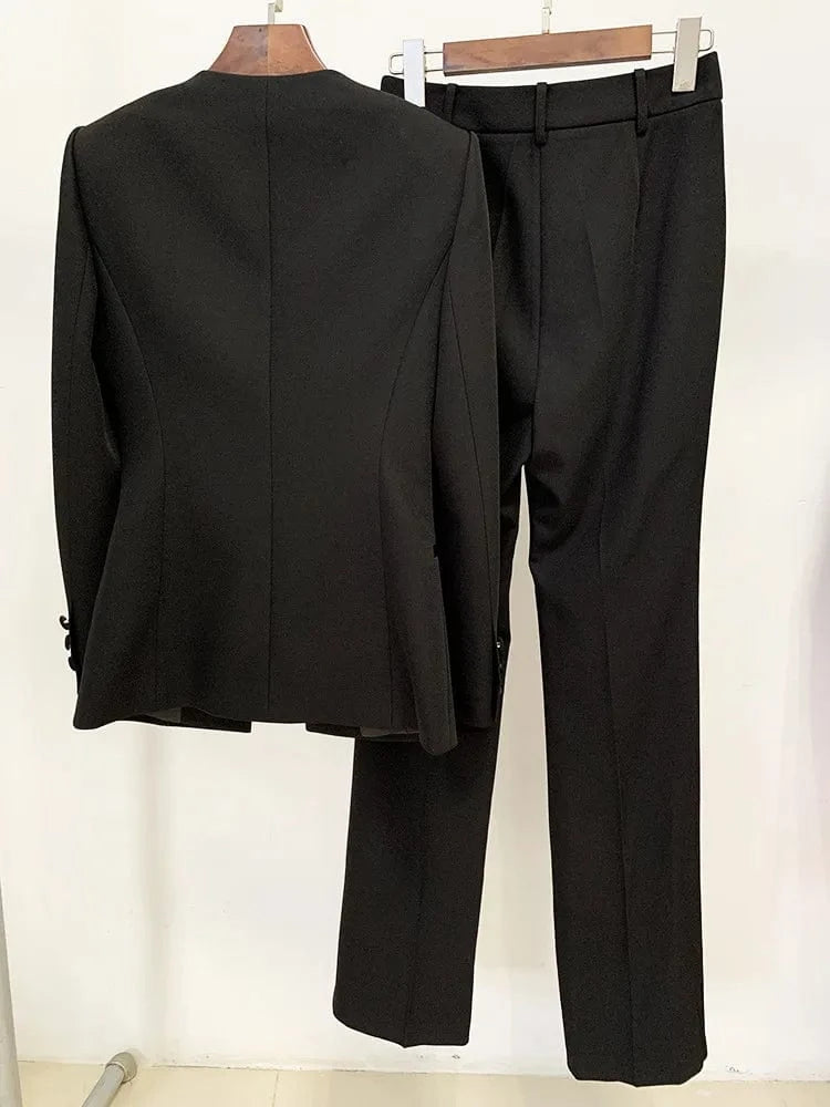 High Quality Black Suit Women's Hollow Out Two Piece Set Blazer Long Pants Set