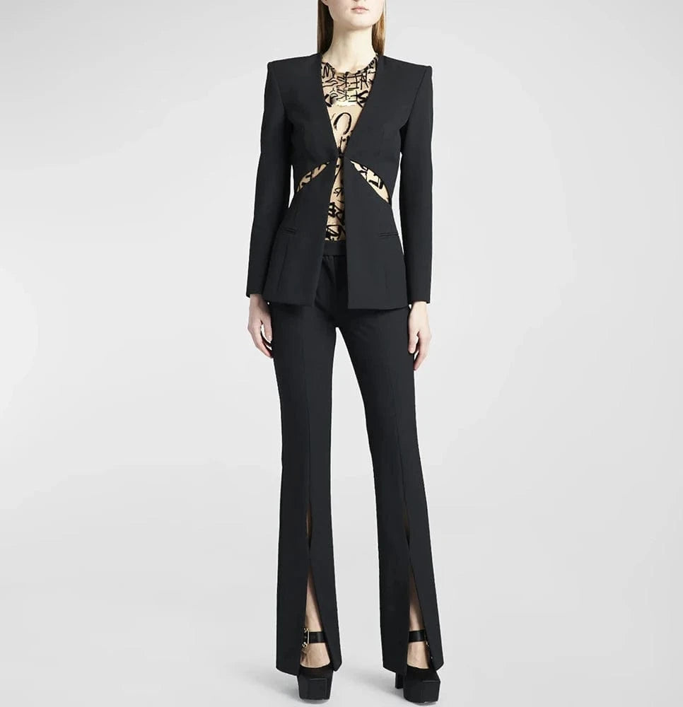 High Quality Black Suit Women's Hollow Out Two Piece Set Blazer Long Pants Set