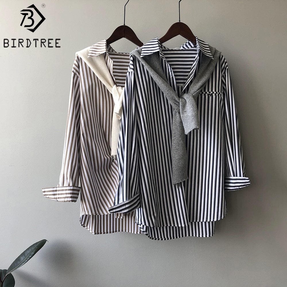 High Quality Casual Women Autumn Striped Shirts Turn Down Collar Long Sleeves Oversized Loose Female Clothes Blouses Winter Basi