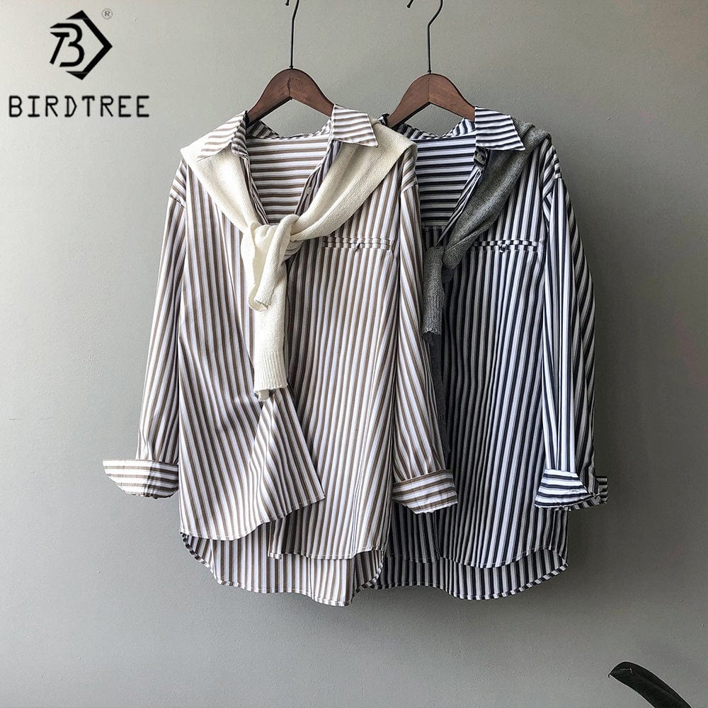 High Quality Casual Women Autumn Striped Shirts Turn Down Collar Long Sleeves Oversized Loose Female Clothes Blouses Winter Basi