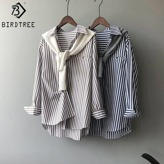 High Quality Casual Women Autumn Striped Shirts Turn Down Collar Long Sleeves Oversized Loose Female Clothes Blouses Winter Basi