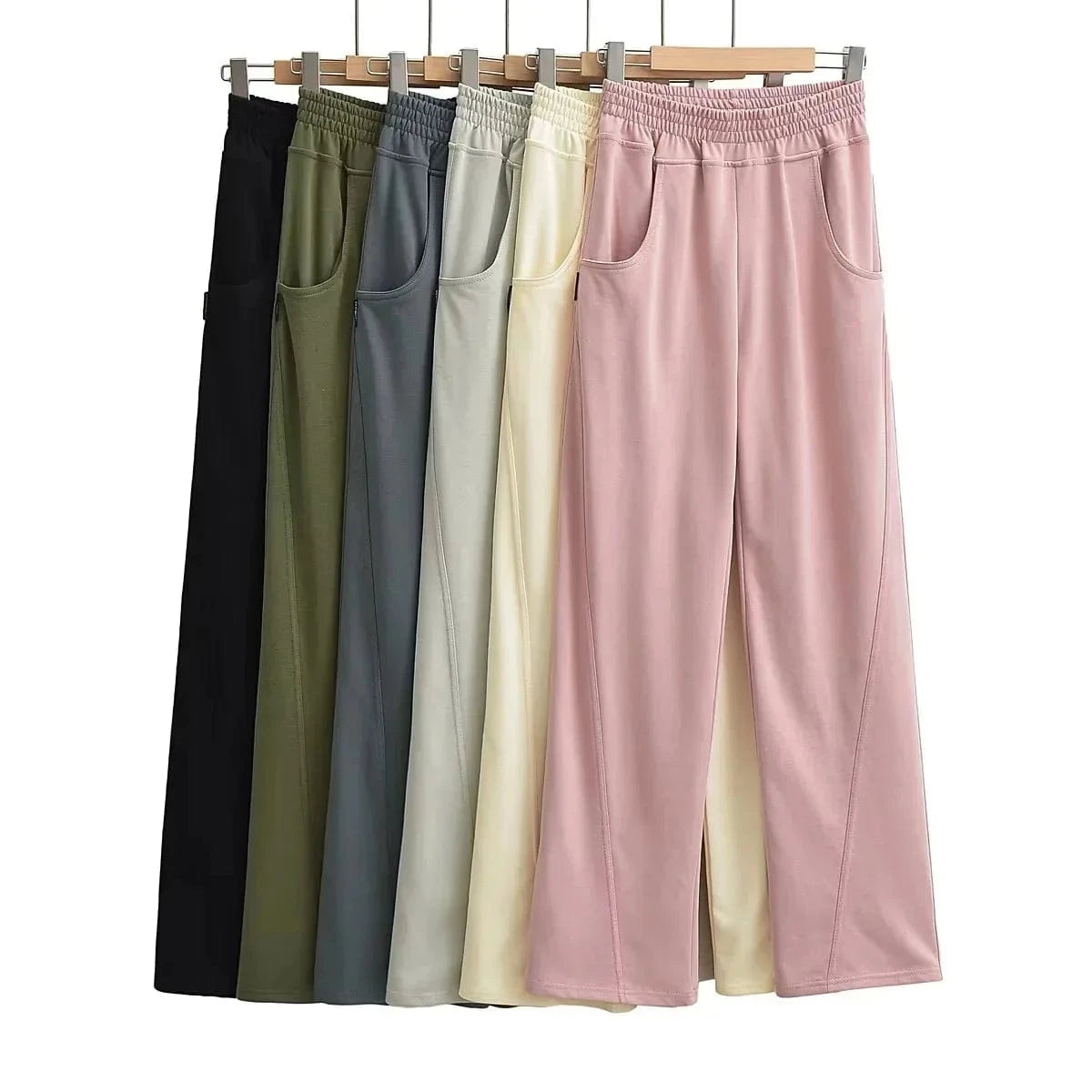 High Quality Cotton Terry Loose Ladies Sweatpants Panel Front Leg Back Pocket Elastic Waistband Female Trousers Joggers Women