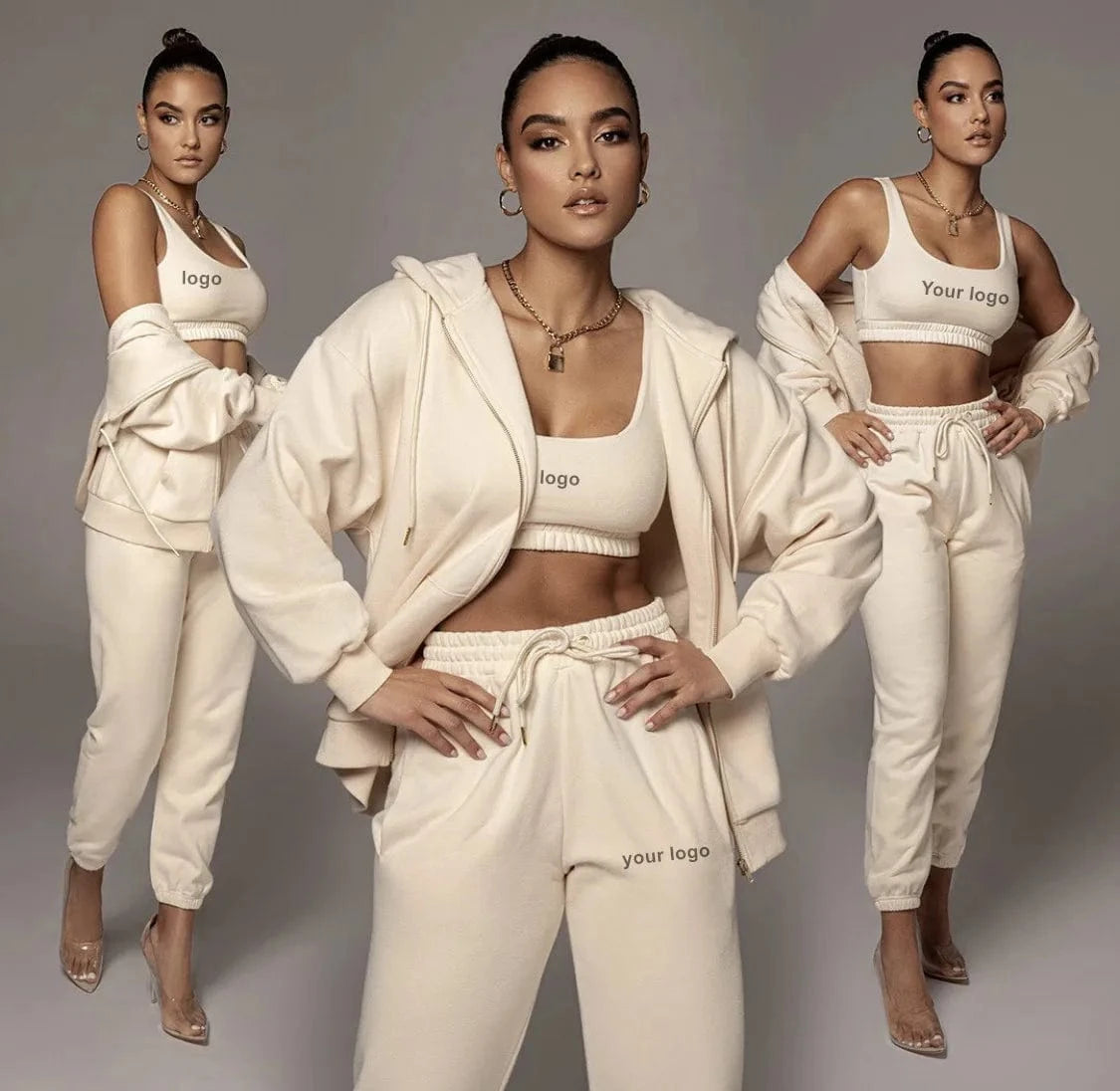 High Quality Custom Logo Cotton French Terry Women Crop Top And Biker Short And Sports Jogger And Zip Up Hoodie For Women's sets