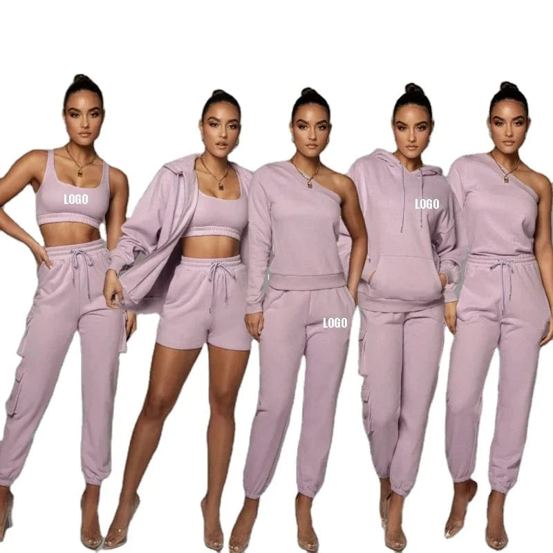 High Quality Custom Logo Cotton French Terry Women Crop Top And Biker Short And Sports Jogger And Zip Up Hoodie For Women's sets