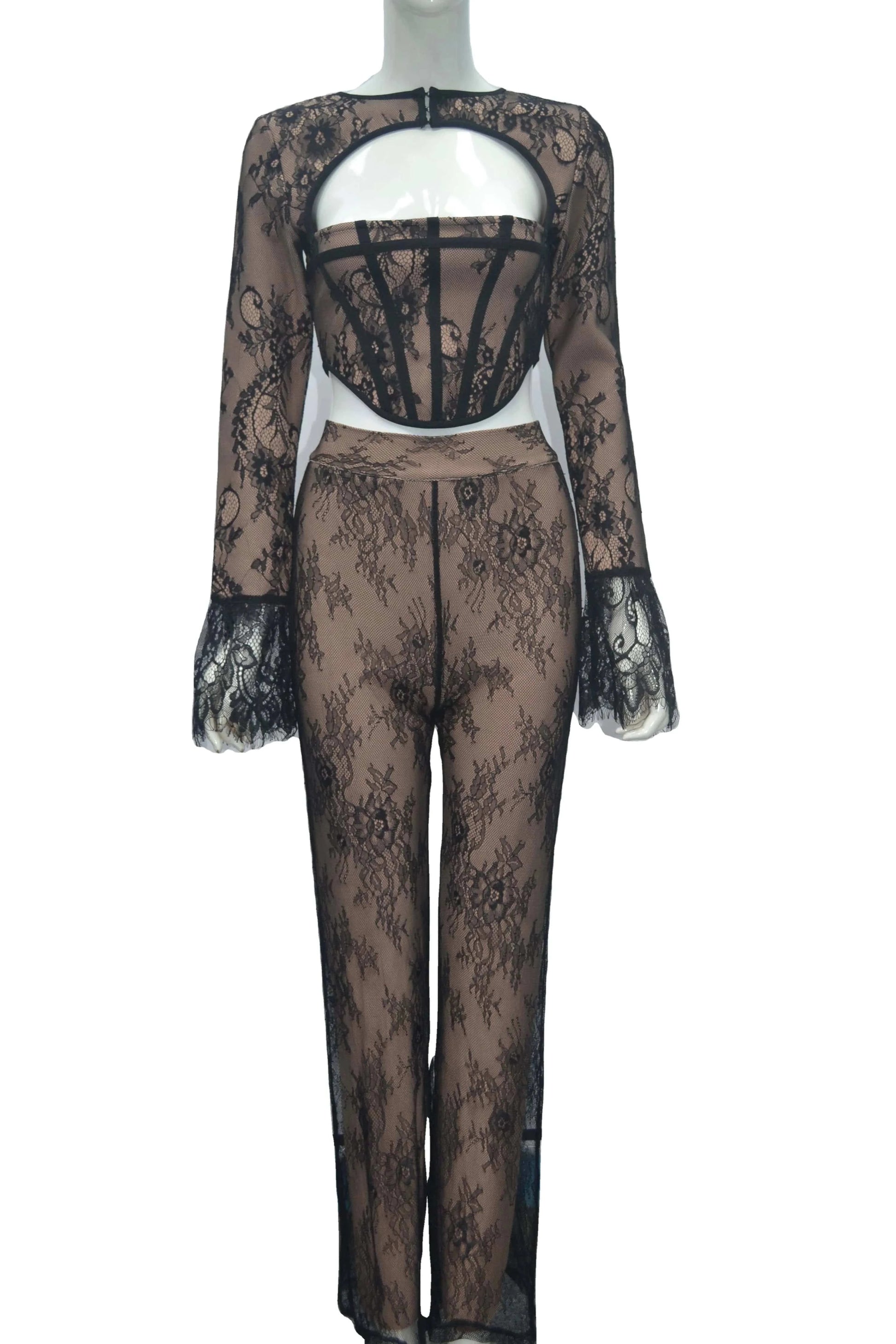 High quality cut out spring sexy lace bandage two piece set for women pants set