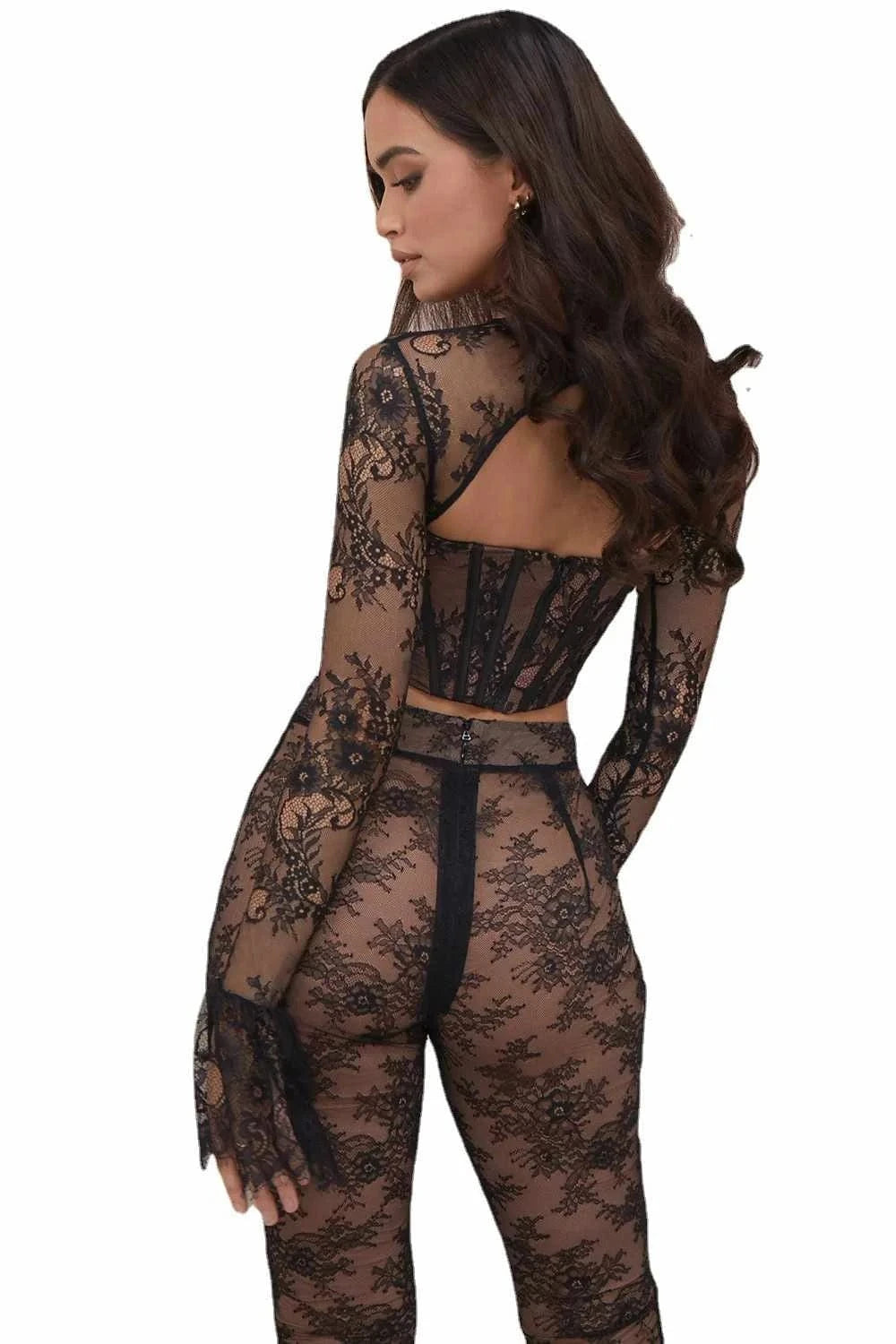 High quality cut out spring sexy lace bandage two piece set for women pants set