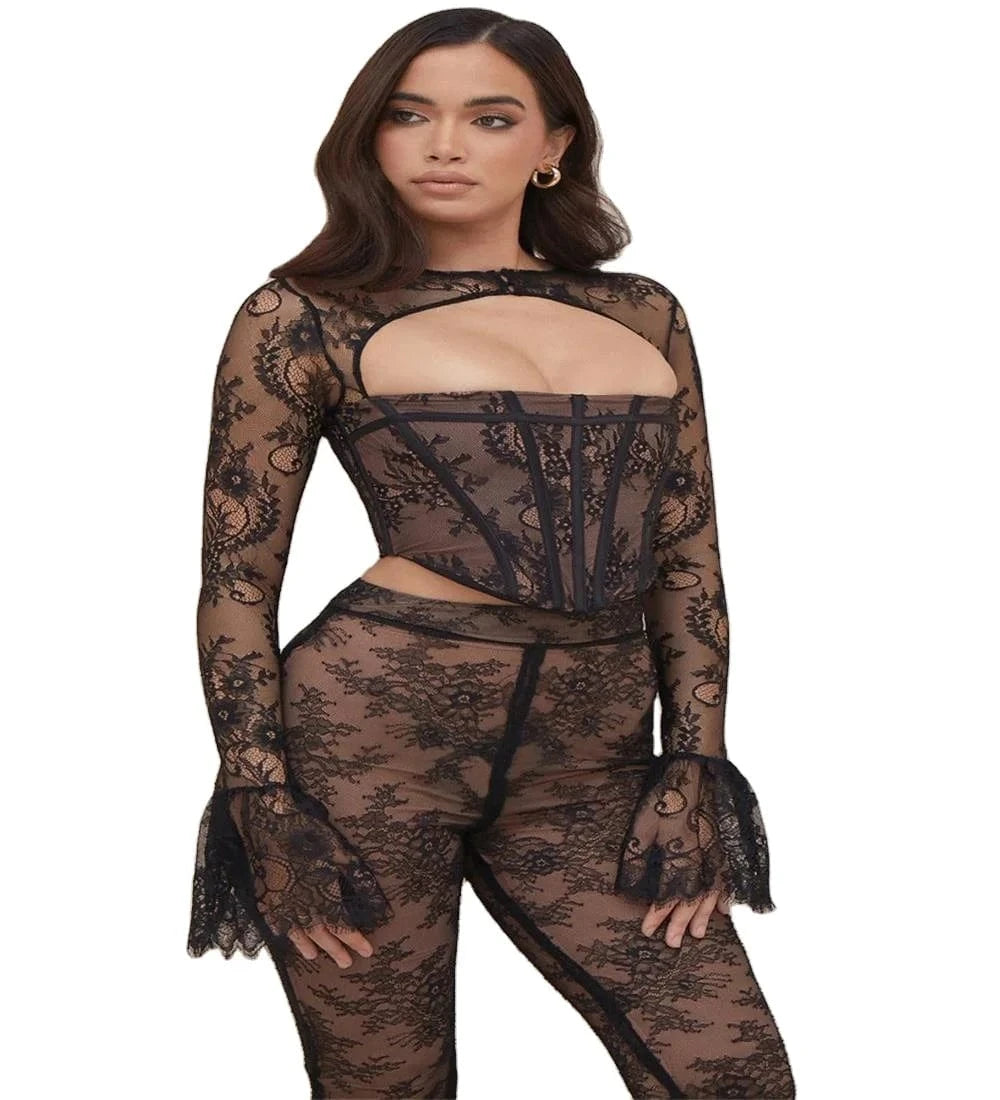 High quality cut out spring sexy lace bandage two piece set for women pants set