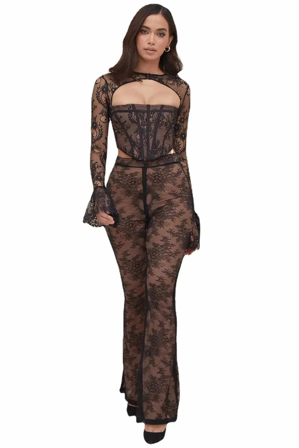 High quality cut out spring sexy lace bandage two piece set for women pants set