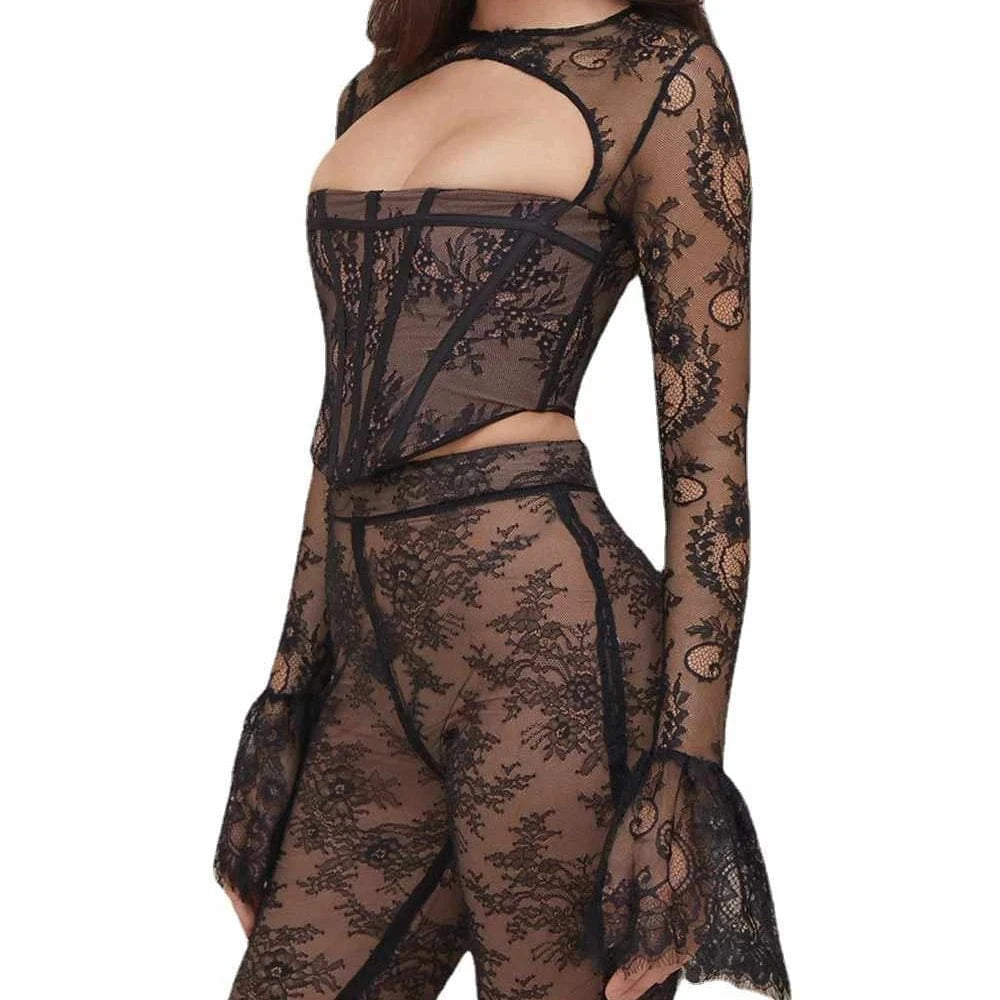High quality cut out spring sexy lace bandage two piece set for women pants set