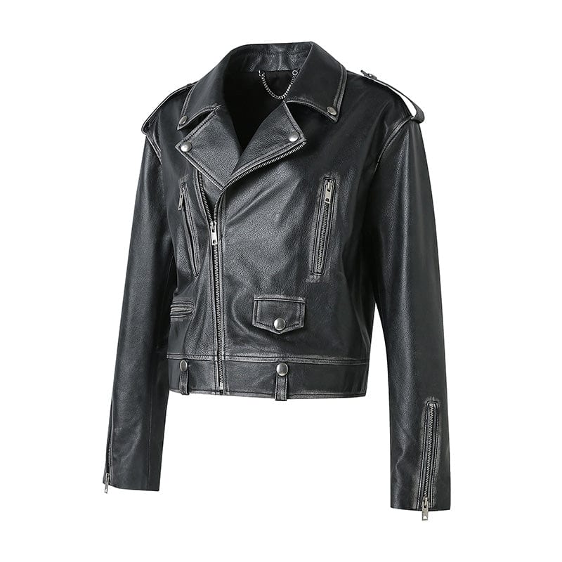 High Quality Distress Cropped Cowhide Jacket Women Vintage Genuine Sheep Leather Jacket