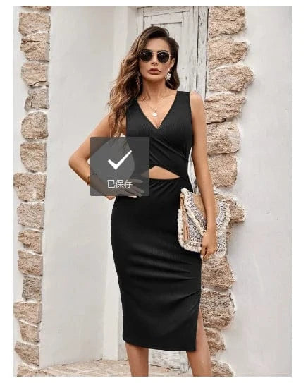 High Quality European and American New Summer Women's Sexy V-Neck Solid Hollow Sleeveless Wrapped Hip Dress  Women's Dress