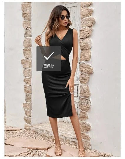 High Quality European and American New Summer Women's Sexy V-Neck Solid Hollow Sleeveless Wrapped Hip Dress  Women's Dress