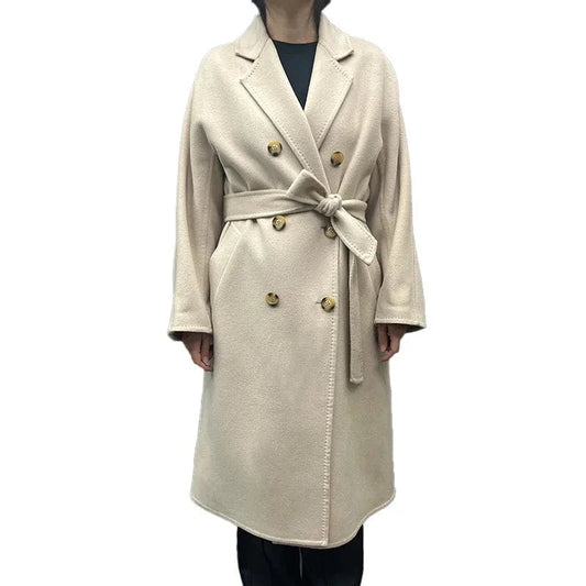 High Quality Handmade Cashmere Trench Coats Women Double Breasted Wool Coat with Belt