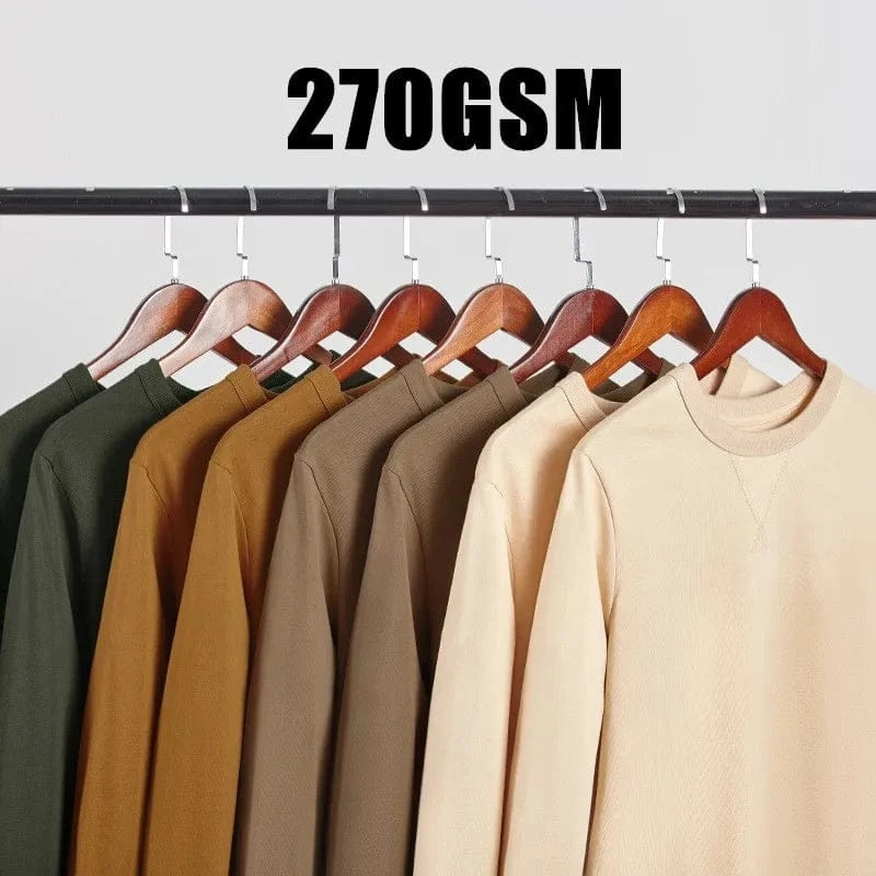 High Quality Heavy Weight 270GSM 100 Cotton Regular Casual Long Sleeve Triangle O Neck 3XL Plus Size Men Shirt