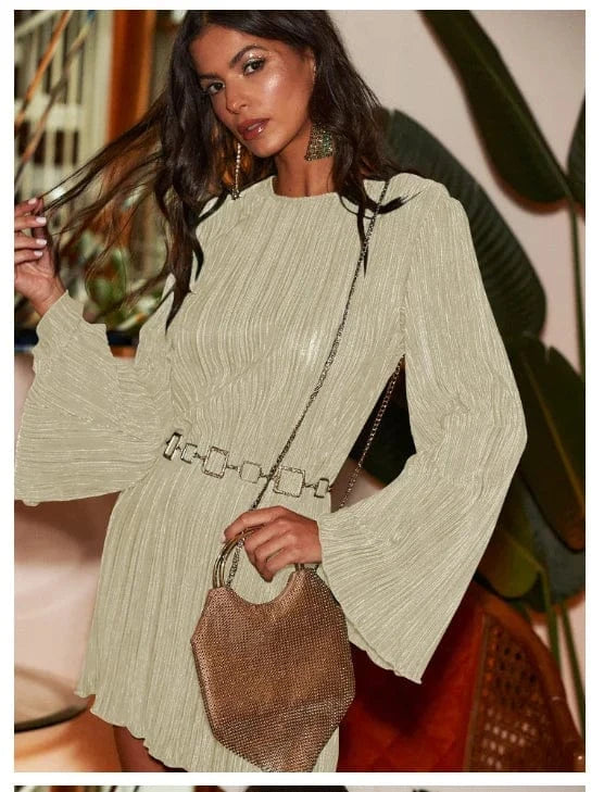 High Quality Hollow out Long Sleeve Pullover Solid Color Skirt Temperament Sexy Sparkling Evening  Women's Dress