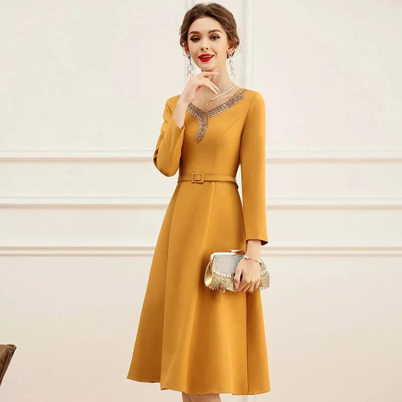 High Quality Imported Fabric Belt Accessories Yellow Beaded Skin friendly Casual Unique Matur Dresses