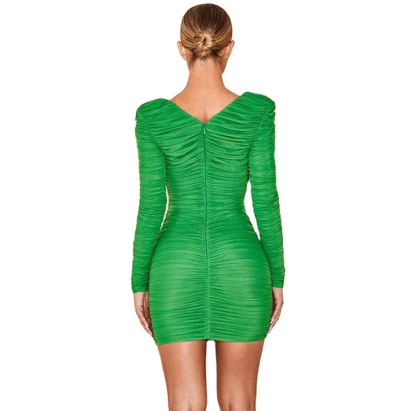High Quality Ladies Long Sleeve Sexy V Neck Slim Bandage Dress Mini