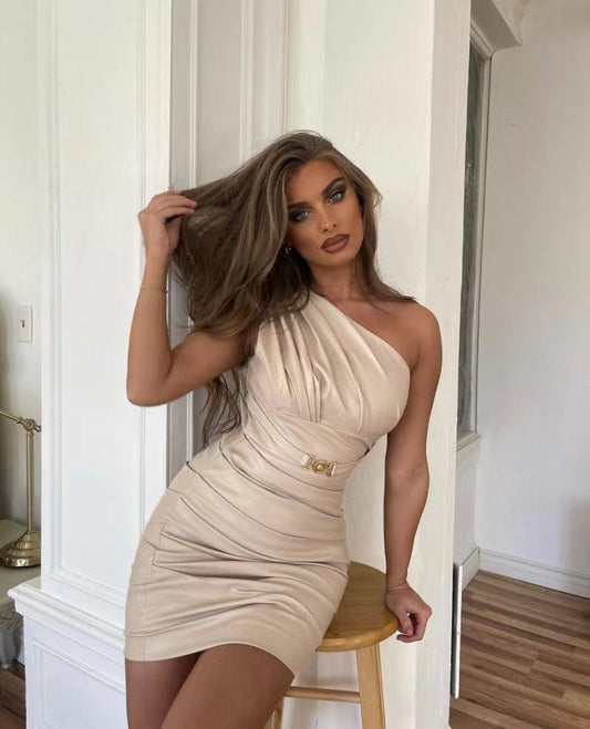 High Quality One Shoulder Celebrity Evening Party  Elegant Club Party PU  Leather Dress