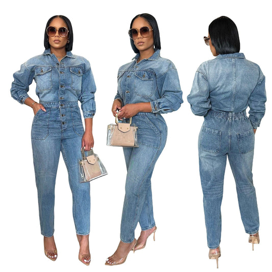 High Quality Ready To Ship Winter One Piece Long Sleeve Denim Jeans Jumpsuits Playsuits Bodysuits