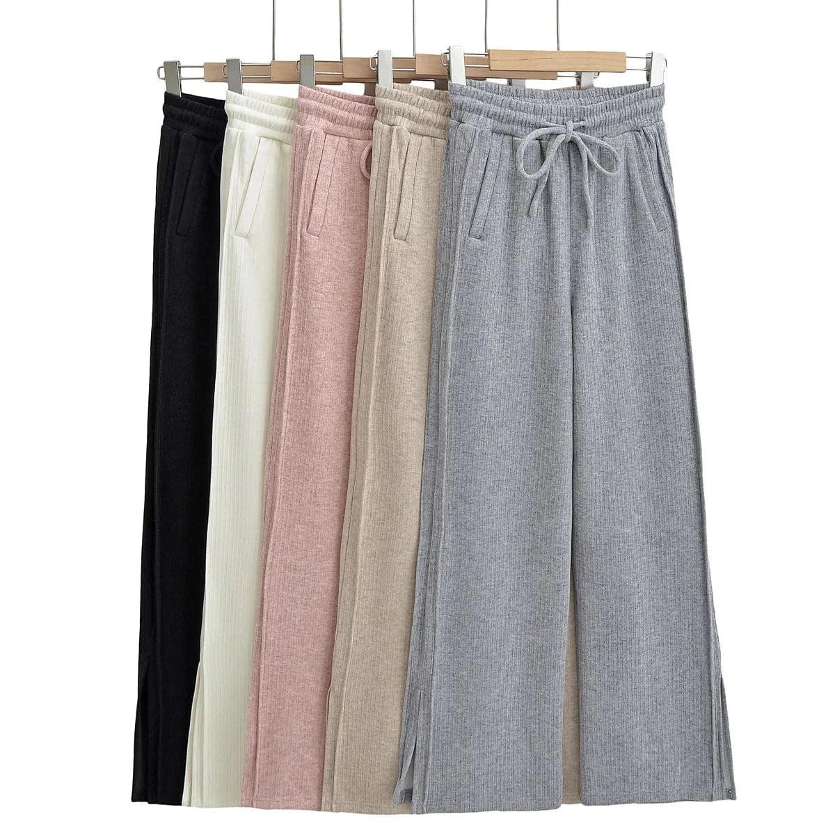 High Quality Rib Loose Ladies Sweatpants Elastic Waistband Sport Casual Female Side Pocket Trousers Women Joggers Pants