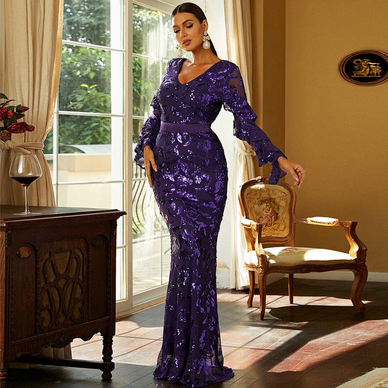 High Quality Sexy  V Neck Long Sleeve Women Celebrity Long Maxi Party Sequin Evening Dresses
