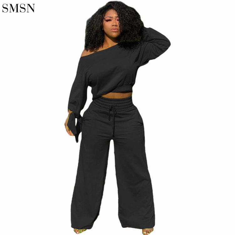 High Quality Solid Color Long Sleeve And Fleece Loose Trouser Suit Two Piece Pants Set Women