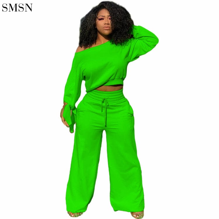 High Quality Solid Color Long Sleeve And Fleece Loose Trouser Suit Two Piece Pants Set Women