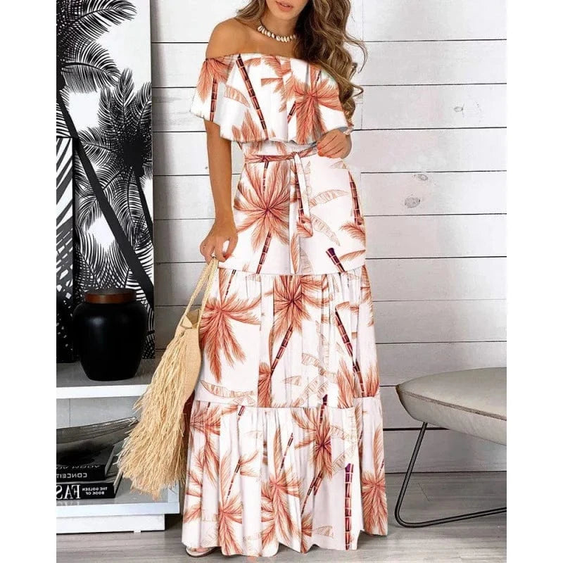 High Quality Summer Casual Explosive Skirt Falbala Off-the-shoulder Lace Printed Dress for Women