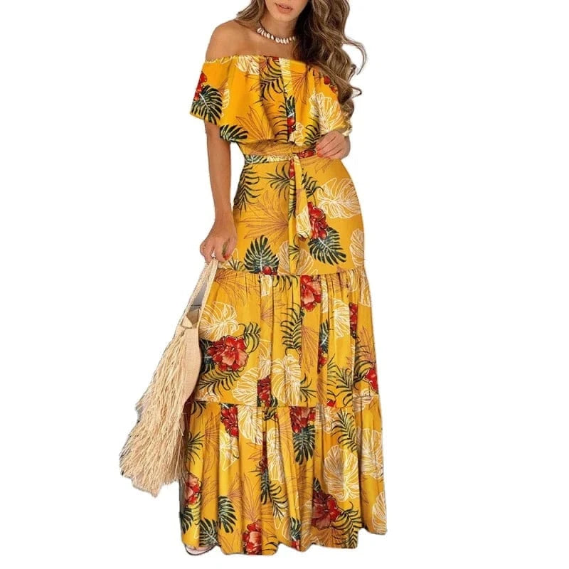 High Quality Summer Casual Explosive Skirt Falbala Off-the-shoulder Lace Printed Dress for Women