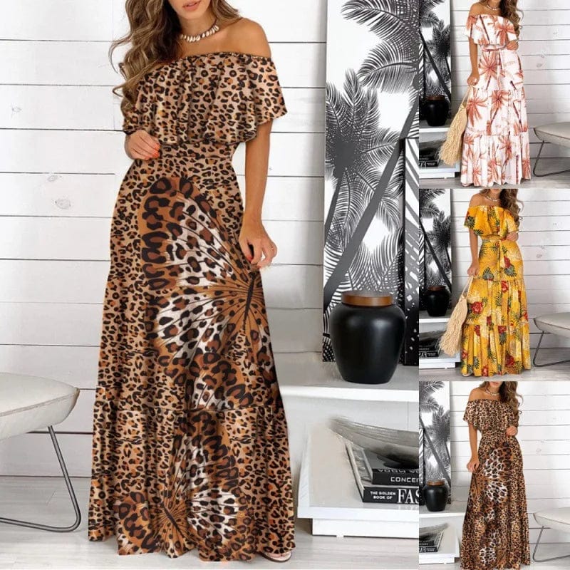 High Quality Summer Casual Explosive Skirt Falbala Off-the-shoulder Lace Printed Dress for Women