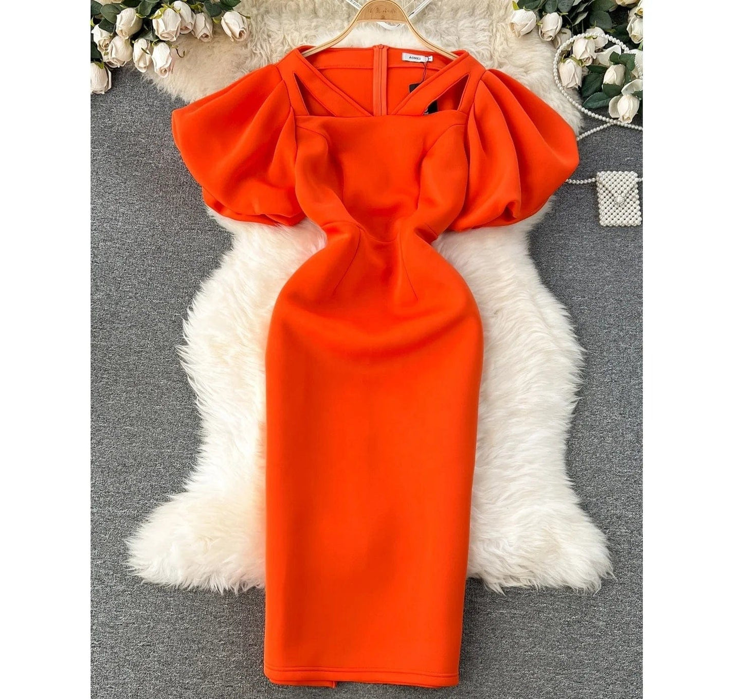 High Quality Summer Elegant Tunic Midi Dress For Women Puff Sleeve Empire Hollow Out Lace Vestidos Clothes Women