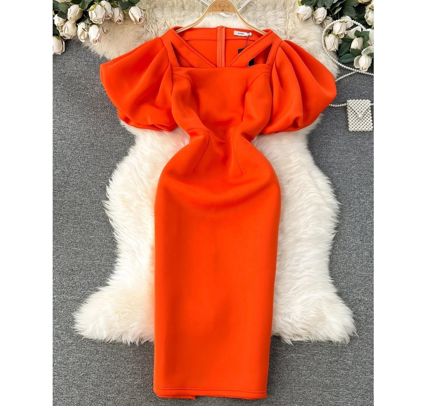 High Quality Summer Elegant Tunic Midi Dress For Women Puff Sleeve Empire Hollow Out Lace Vestidos Clothes Women