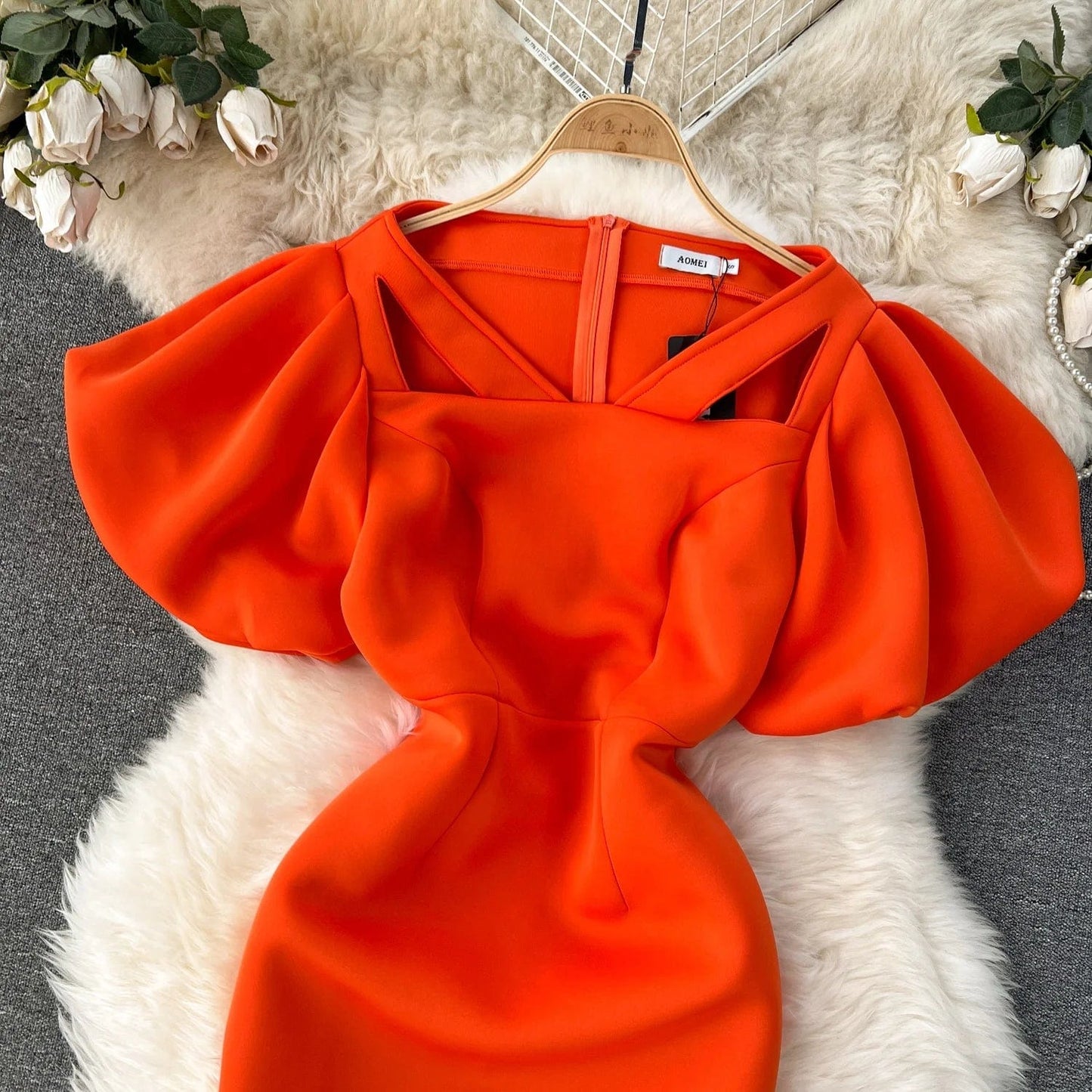 High Quality Summer Elegant Tunic Midi Dress For Women Puff Sleeve Empire Hollow Out Lace Vestidos Clothes Women