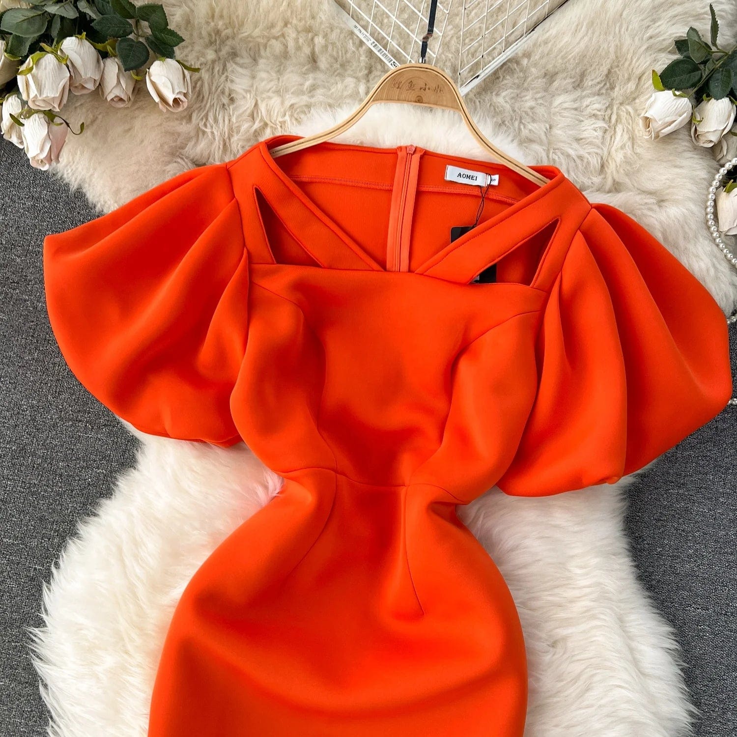 High Quality Summer Elegant Tunic Midi Dress For Women Puff Sleeve Empire Hollow Out Lace Vestidos Clothes Women