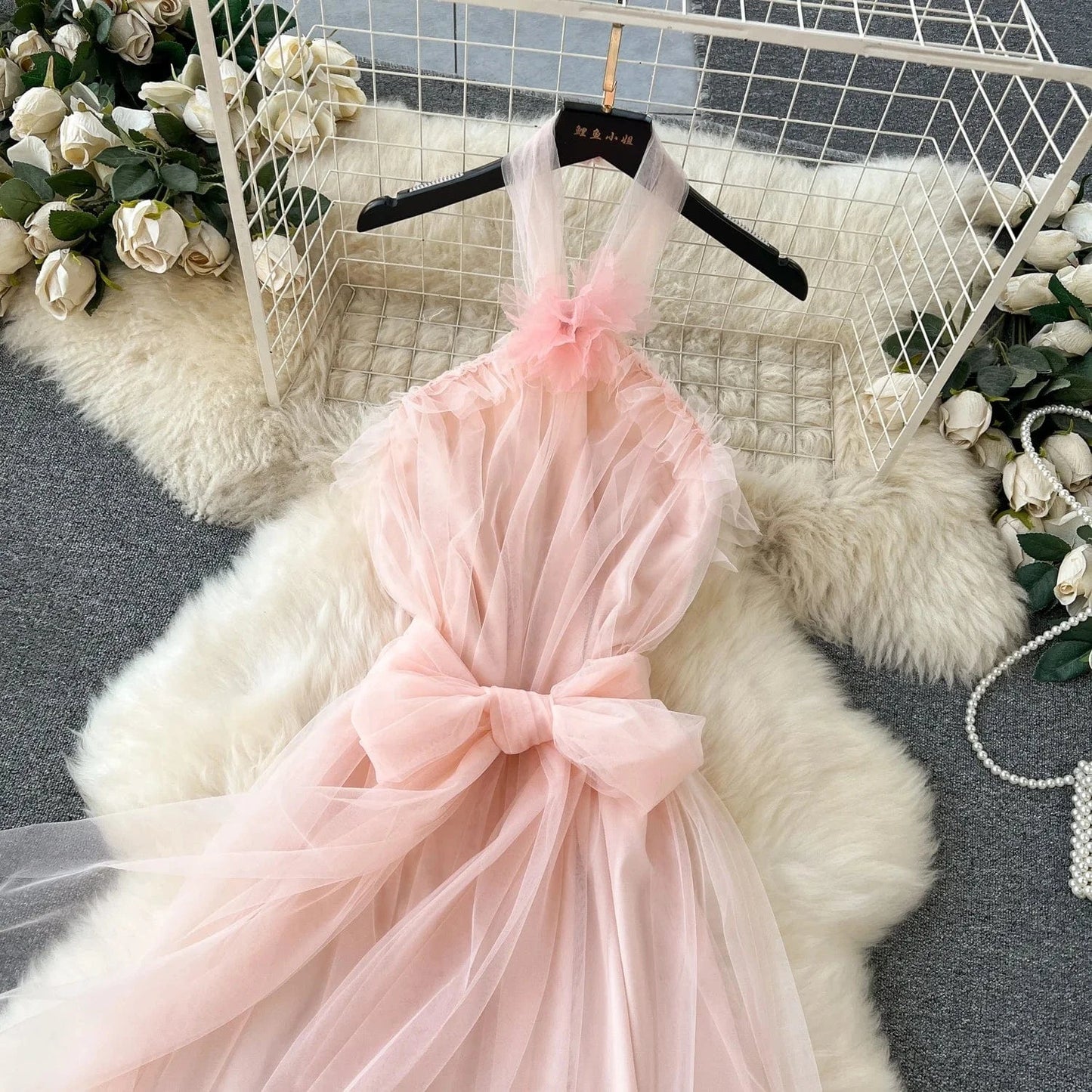 High Quality Summer Fairycore Halter Midi Dress For Women Sleeveless Patchwork Mesh Vestidos Ladies Evening Dresses