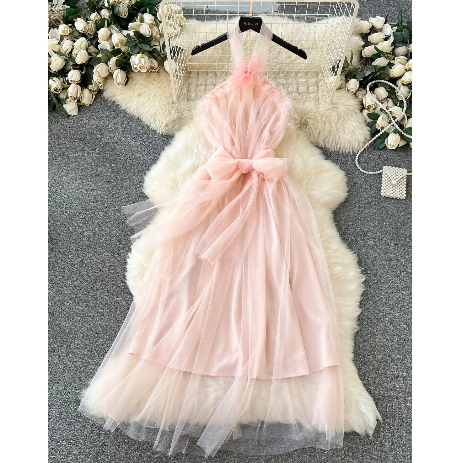 High Quality Summer Fairycore Halter Midi Dress For Women Sleeveless Patchwork Mesh Vestidos Ladies Evening Dresses