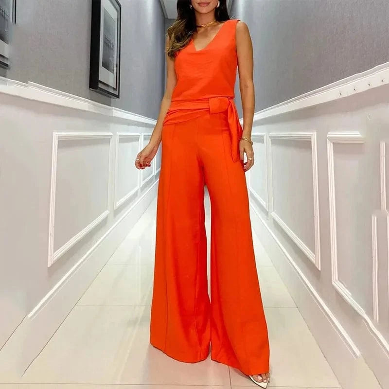 High Quality Summer New Fashion Temperament V-neck Sleeveless High-waisted Wide-leg Pants Suit