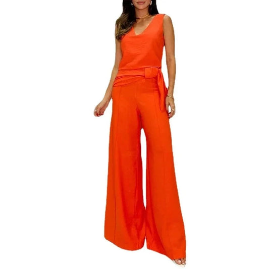 High Quality Summer New Fashion Temperament V-neck Sleeveless High-waisted Wide-leg Pants Suit