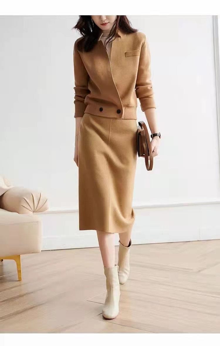 High Quality Sweater Sets 2023 Spring Autumn Casual 2 Piece Set Women Knitted Cardigans+Mid-Calf Knitting Skirt Sets Khaki Black