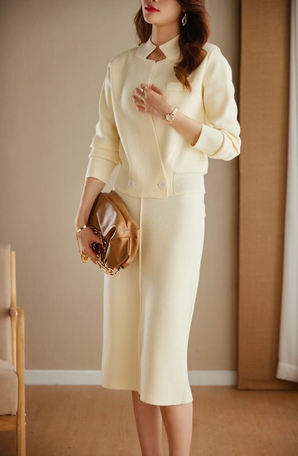 High Quality Sweater Sets 2023 Spring Autumn Casual 2 Piece Set Women Knitted Cardigans+Mid-Calf Knitting Skirt Sets Khaki Black