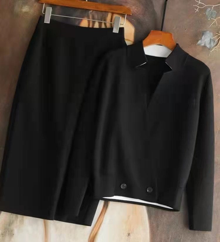 High Quality Sweater Sets 2023 Spring Autumn Casual 2 Piece Set Women Knitted Cardigans+Mid-Calf Knitting Skirt Sets Khaki Black