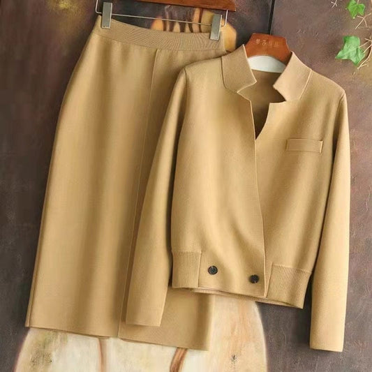 High Quality Sweater Sets 2023 Spring Autumn Casual 2 Piece Set Women Knitted Cardigans+Mid-Calf Knitting Skirt Sets Khaki Black